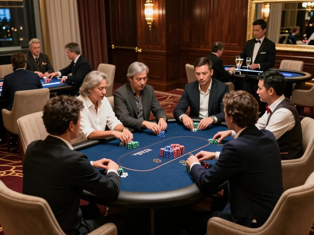 MM88 players engaging in high-stakes poker gameplay at an exclusive VIP gaming table