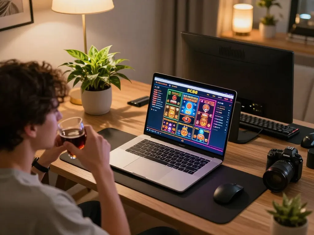 Engaged player experiencing SC88 online gambling on a sleek laptop, showcasing immersive gaming setup.