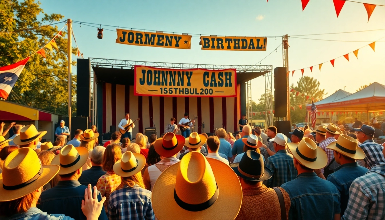 Johnny Cash birthday celebration scene at johnnycashbirthday.com, featuring live music and vibrant festivities.