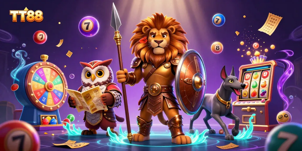 TT88 showcases a vibrant casino scene with a heroic lion, strategist owl, and greyhound, filled with dynamic gambling elements.