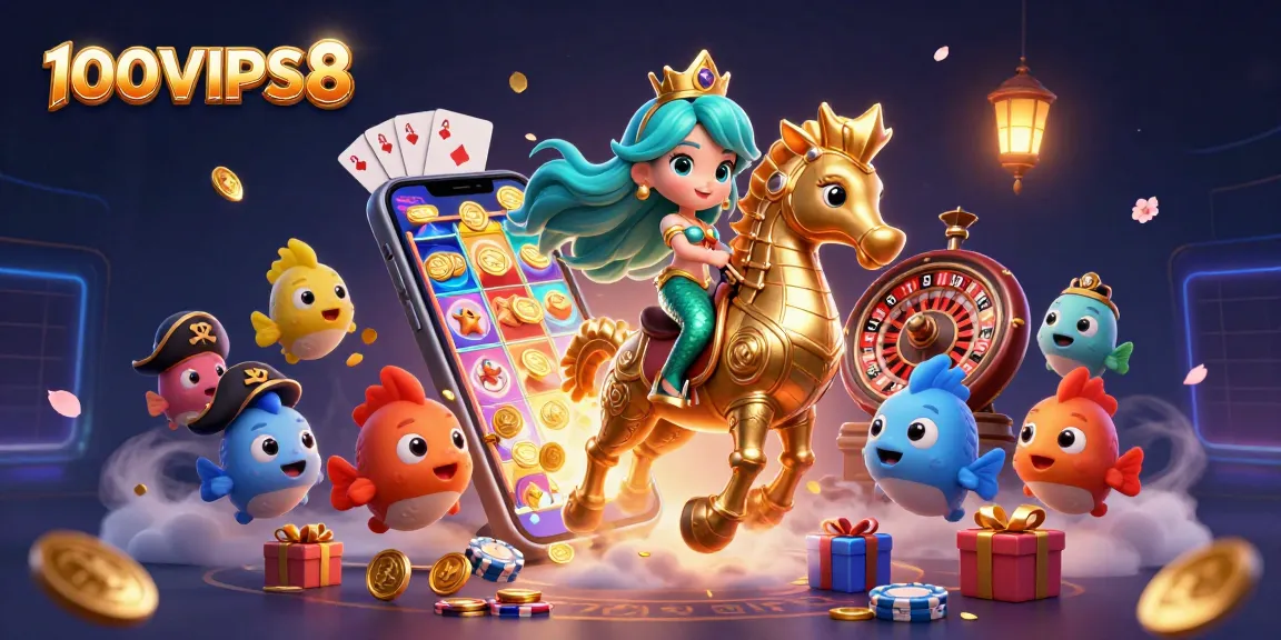 100VIPS8 offers dynamic gaming experience with a mermaid princess, seahorse, and colorful fish amidst coins and cards.