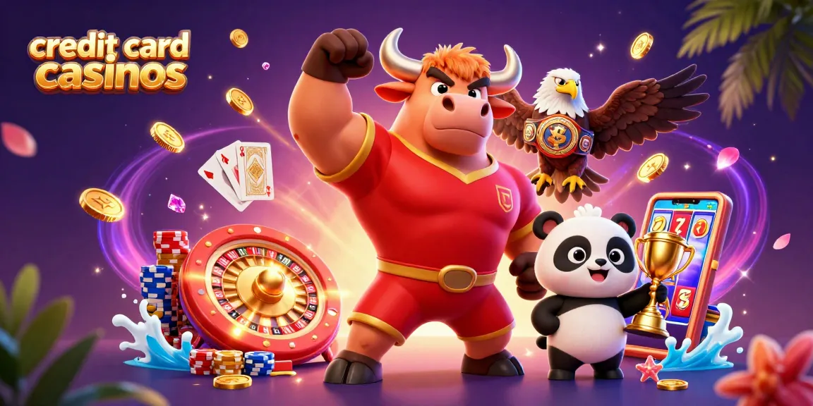 Experience the thrill of credit card casinos with a dynamic scene of a bull mascot and gaming elements.