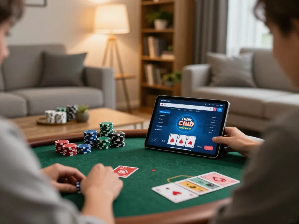 A player engaging with the iwin club poker interface on a tablet in a cozy living room setting.