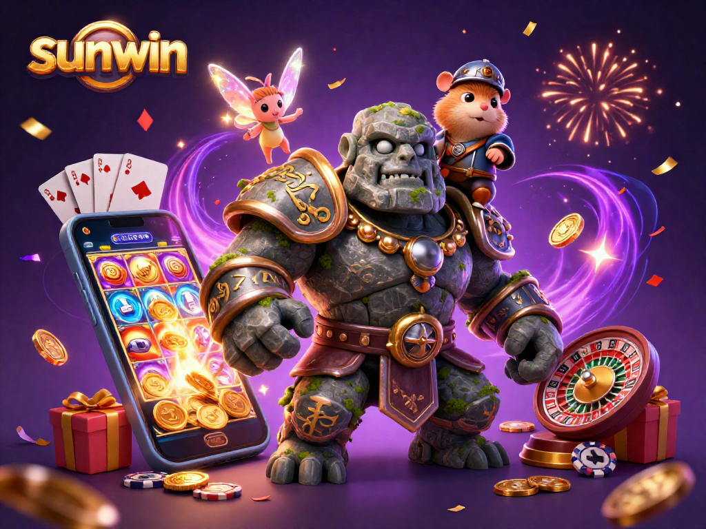 Experience the magic of sunwin with a lively 3D golem and characters celebrating casino games.