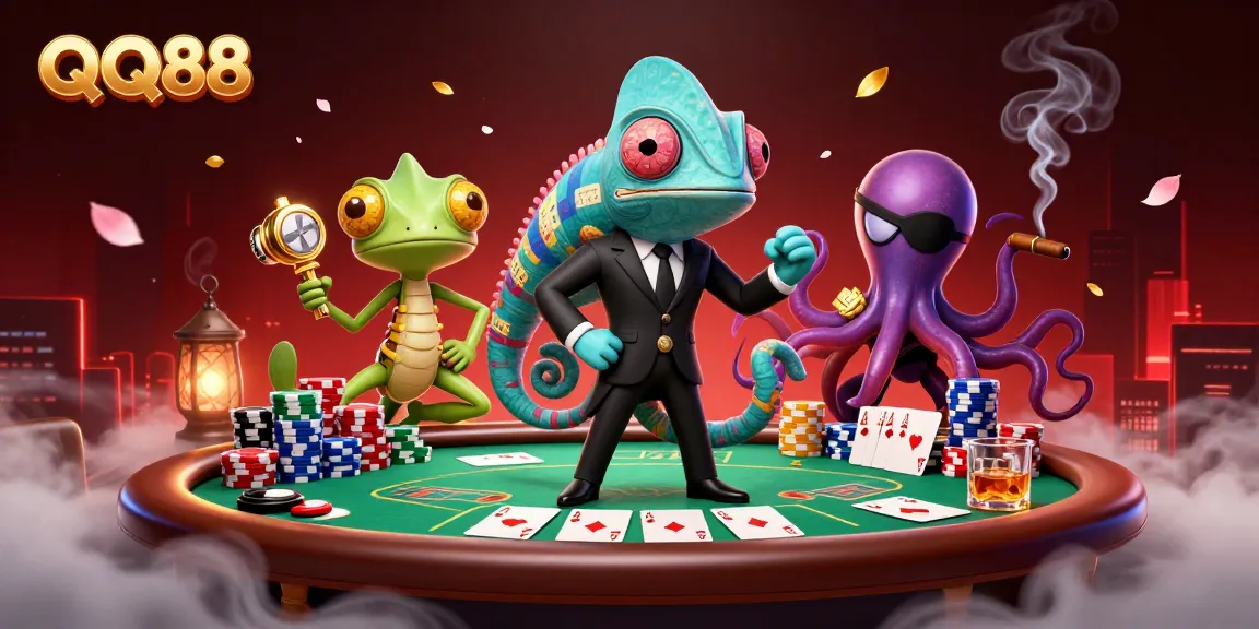 Experience thrilling gameplay at QQ88 with vibrant scene featuring casino elements and secretive characters.