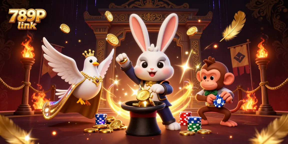 Experience the excitement of 789P link as a magician rabbit conjures golden coins amidst an energetic casino atmosphere.