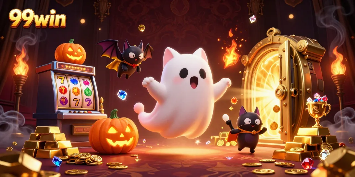 Experience the thrill of 99win as you engage with friendly ghost cats amidst shining slots and treasures.