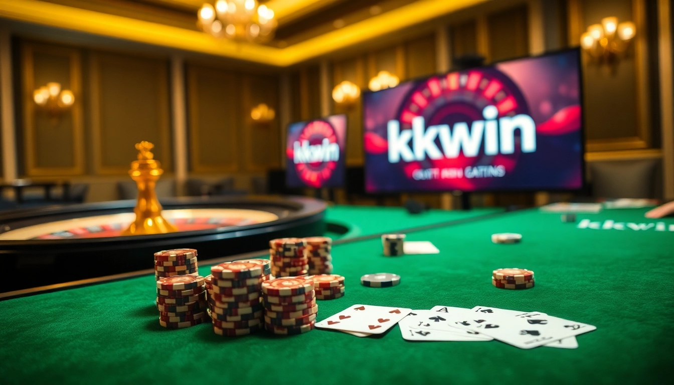 Engaging moment at the KKWIN casino table with vibrant poker chips and cards in play.