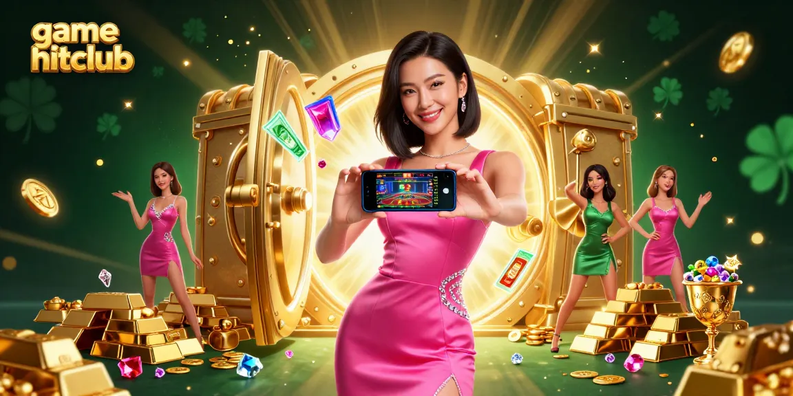 Experience game hitclub excitement with a stunning Asian woman showcasing a live dealer game on her smartphone amidst cascading treasures.