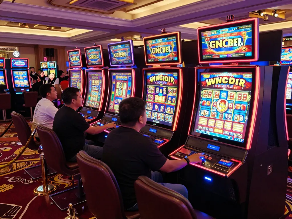 Players enjoying slot gacor action on colorful machines in a lively casino atmosphere