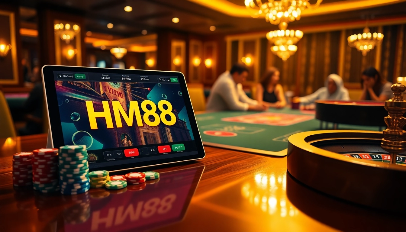 Experience the thrill of hm88 with vibrant casino visuals showcasing poker chips and roulette.