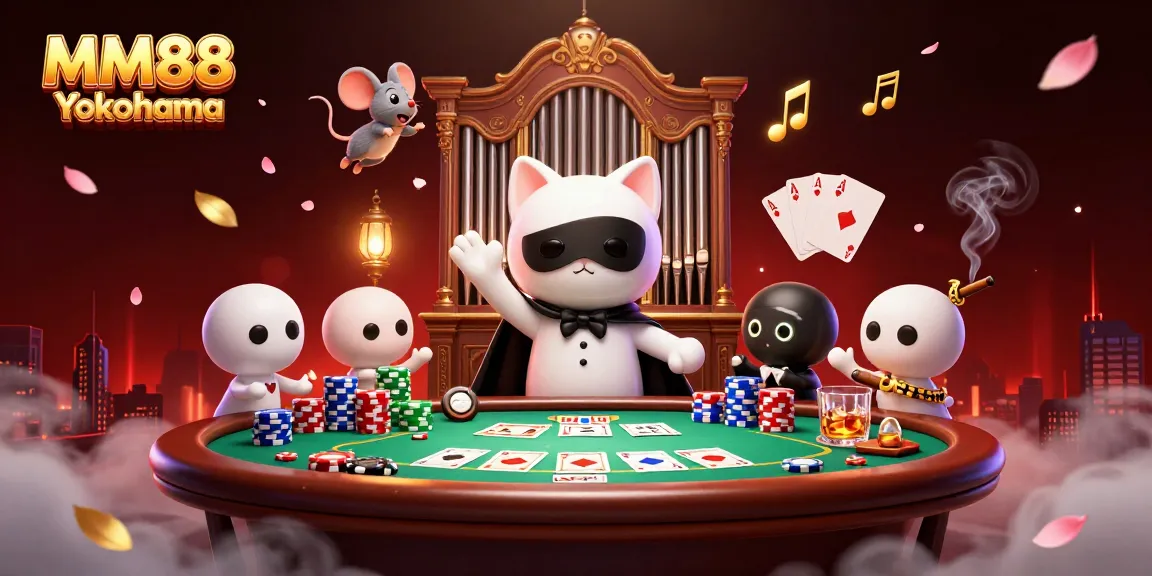 Play exciting casino games at MM88 Yokohama with a lively and colorful 3D illustration depicting gaming action and glamorous effects.