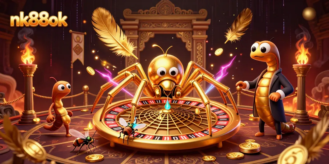 Experience thrilling bets at nk88ok with a golden spider roulette in this vibrant 3D casino scene.