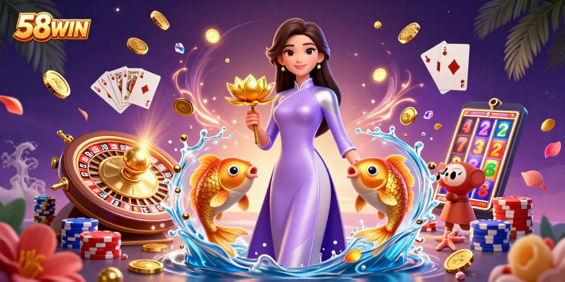 Experience thrilling gameplay at 58WIN with elegant visuals of casino elements and vibrant characters.