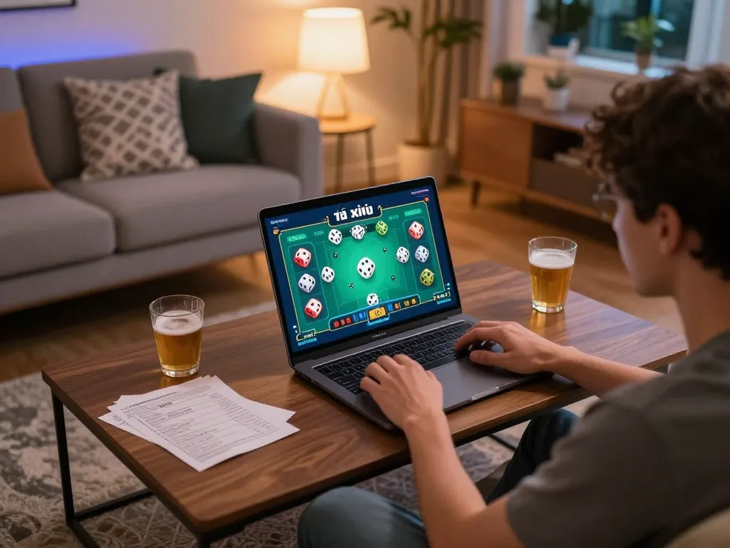 Tài xỉu online gaming scene with a player engaged at home, showcasing strategy and comfort in betting.