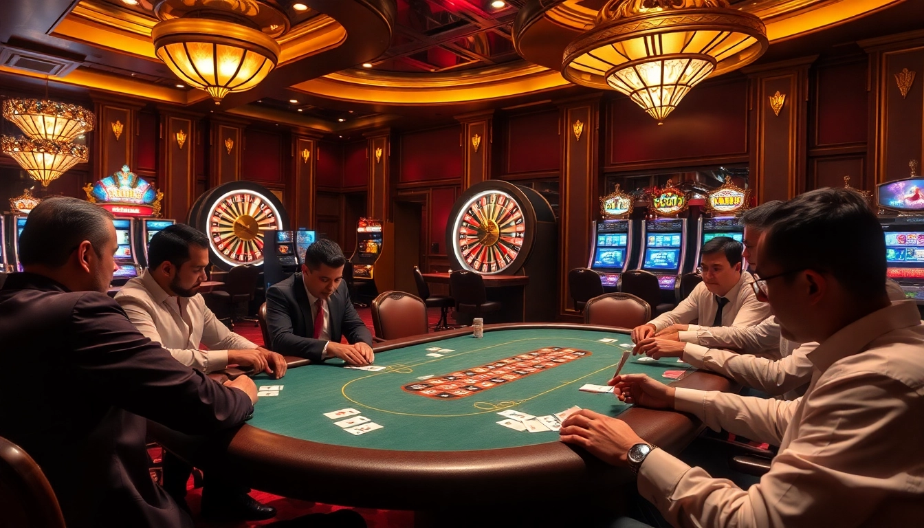 Players enjoy thrilling poker games at AU8802's luxurious casino tables, surrounded by excitement.