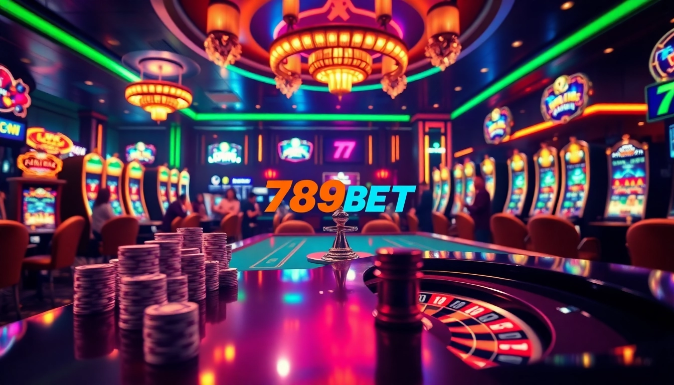 A vibrant casino scene highlighting the excitement of gambling while showcasing 789BET COM's thrilling gaming environment with tables and slot machines.