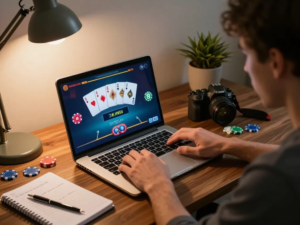 Engaged player strategizing for sun win while playing online blackjack at home.
