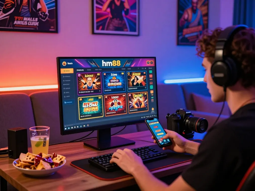 Excited player using hm88 online betting platform with vibrant gaming setup.