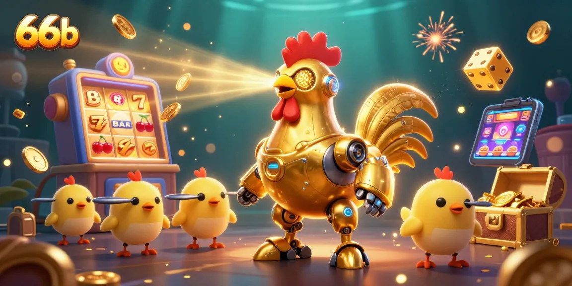 66b engaging in thrilling casino gameplay with golden rooster robot and chick drones amidst a jackpot explosion