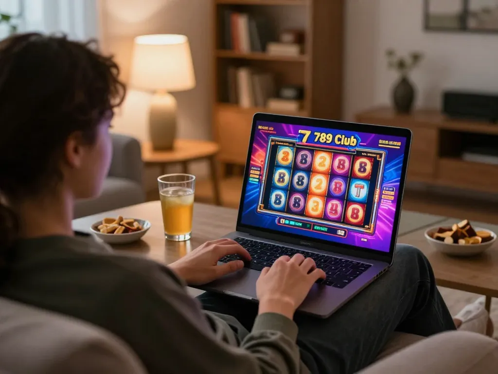Engaging in a lively online slot game at the 789 Club from a cozy home setting