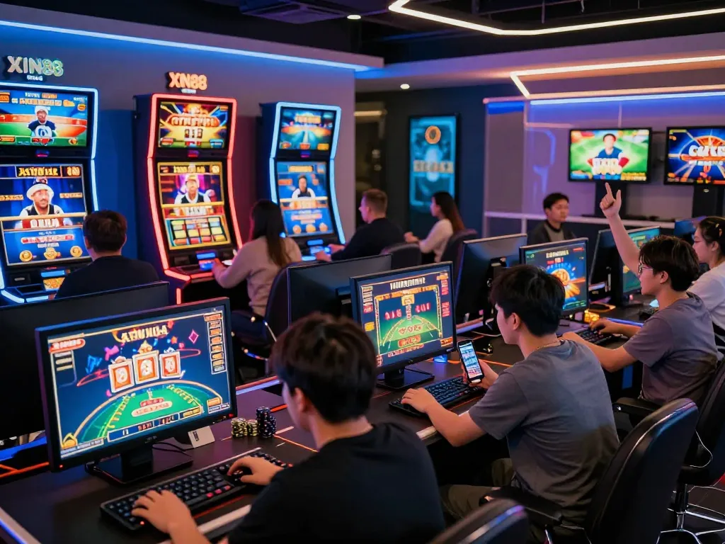 XIN88 platform showcasing enthusiastic players engaging in online gaming excitement with vibrant casino elements.