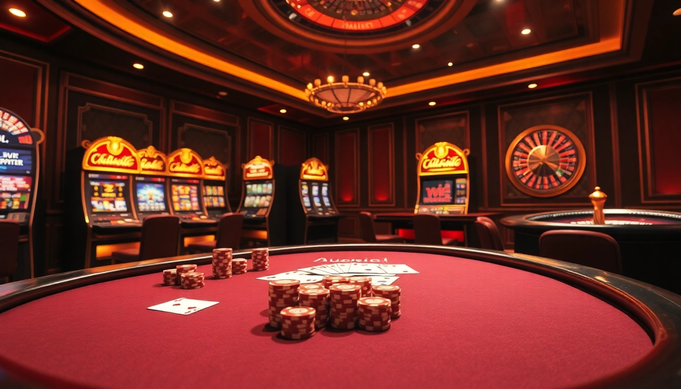 Experience a luxurious gambling atmosphere at ALo789 with vibrant slot machines and elegant poker tables.