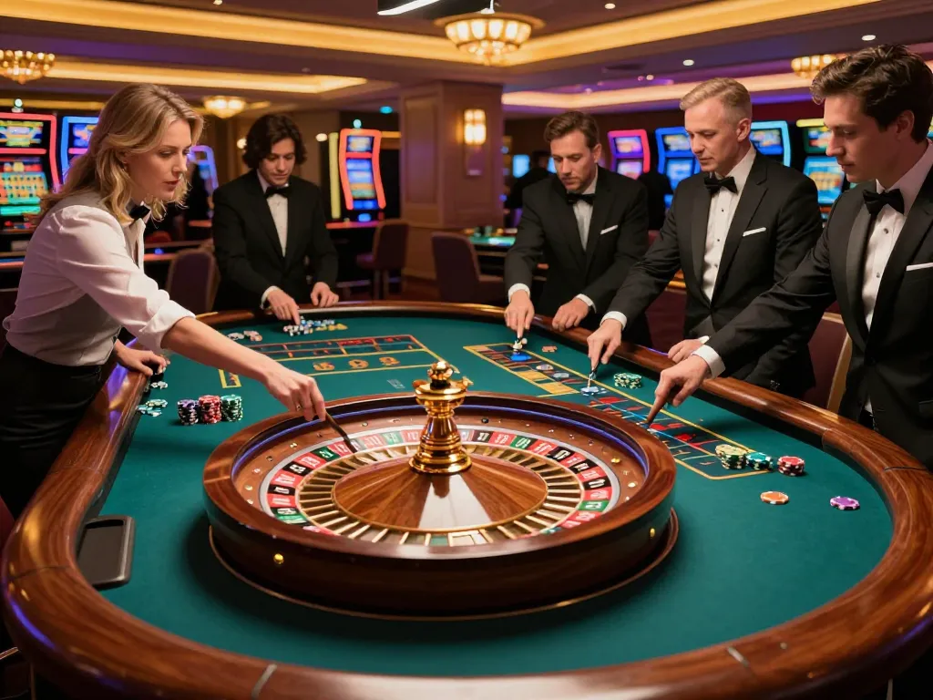 Engaged players at a roulette table enjoying luck8 đăng nhập experience, vibrant casino atmosphere, exciting gameplay.