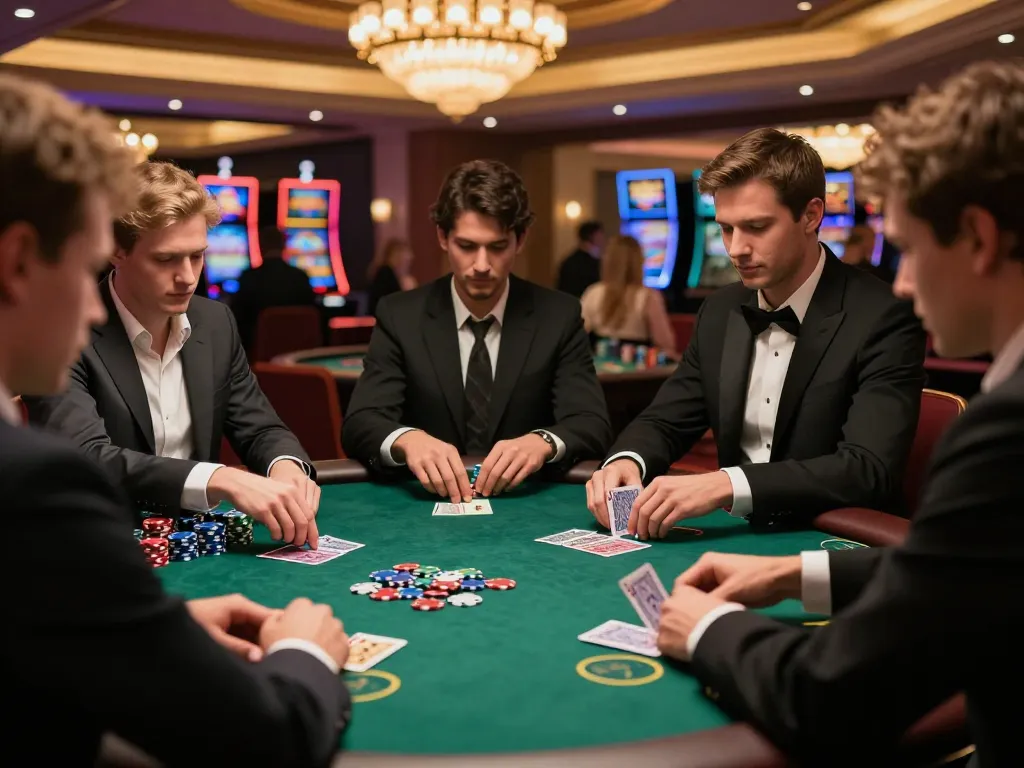 Players engage intensely in a poker game at LV88 casino, showcasing strategy and excitement.