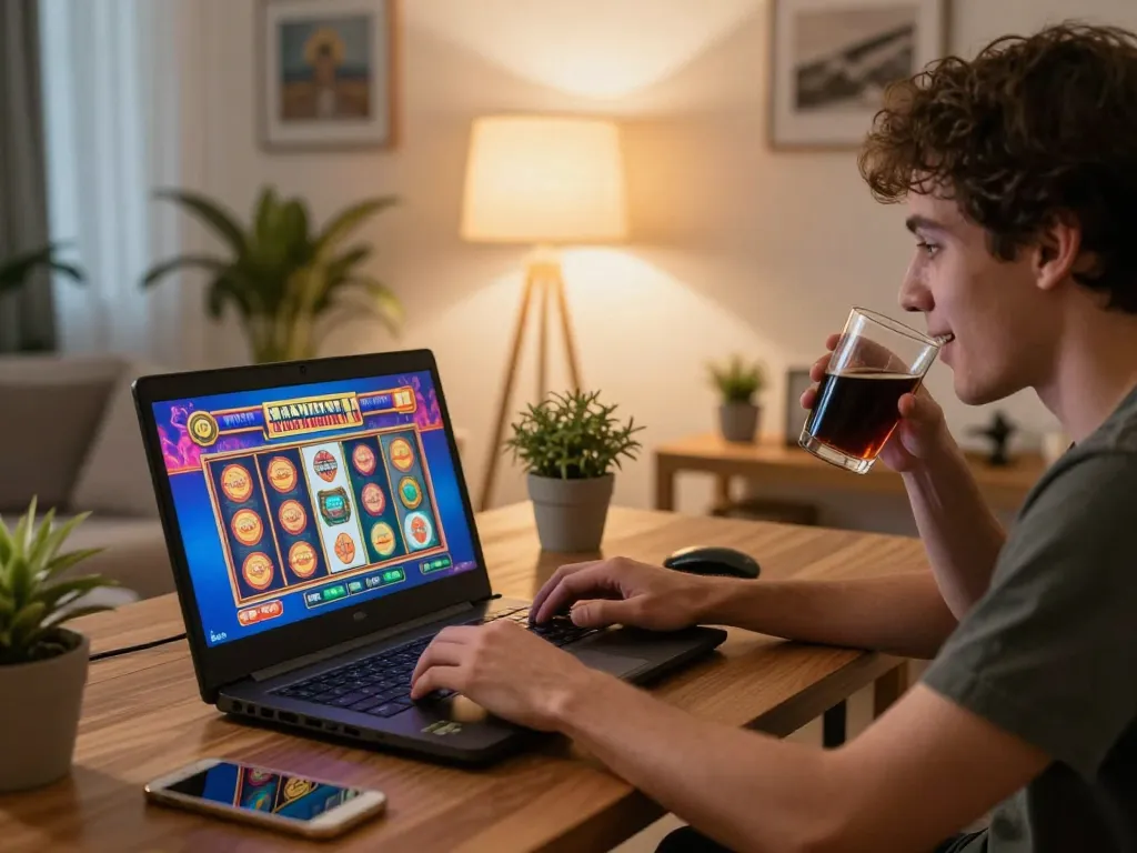 Engaged player enjoying TR88 online casino gaming on laptop in a cozy home environment
