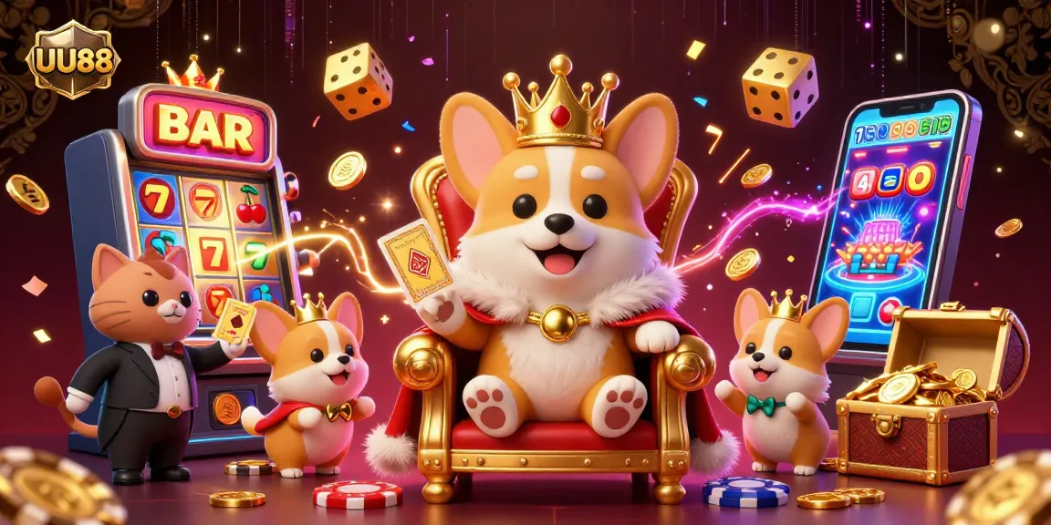 Engage with big wins at UU88 in this exciting 3D casino scene, showcasing a royal corgi and gambling elements.