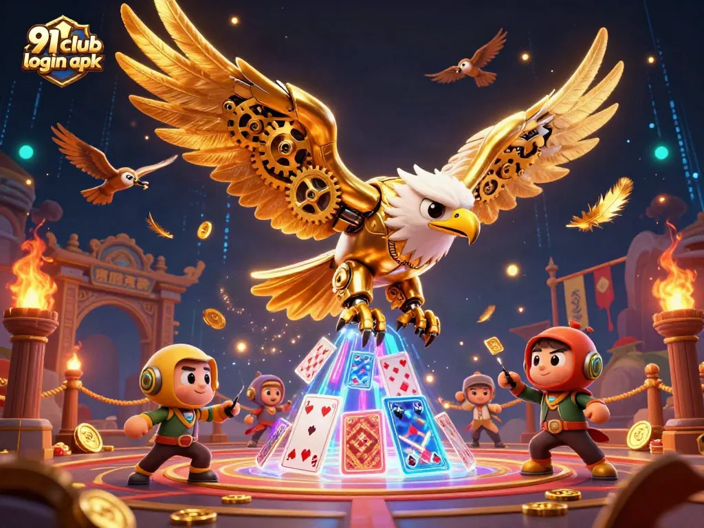Engage with 91 club login apk, featuring a dynamic eagle and gaming elements in a vibrant casino setting.