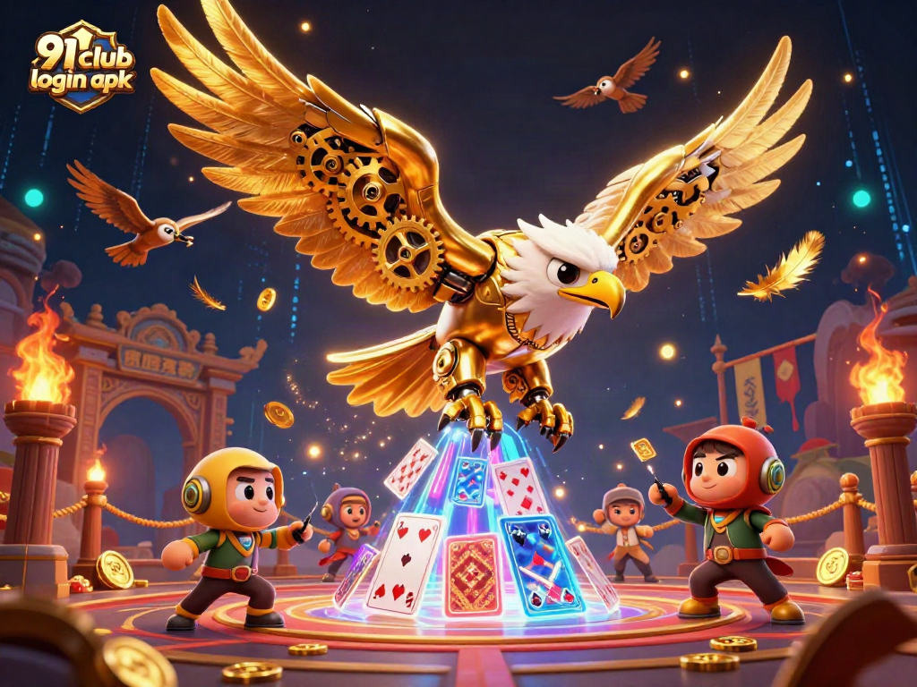 Engage with 91 club login apk, featuring a dynamic eagle and gaming elements in a vibrant casino setting.