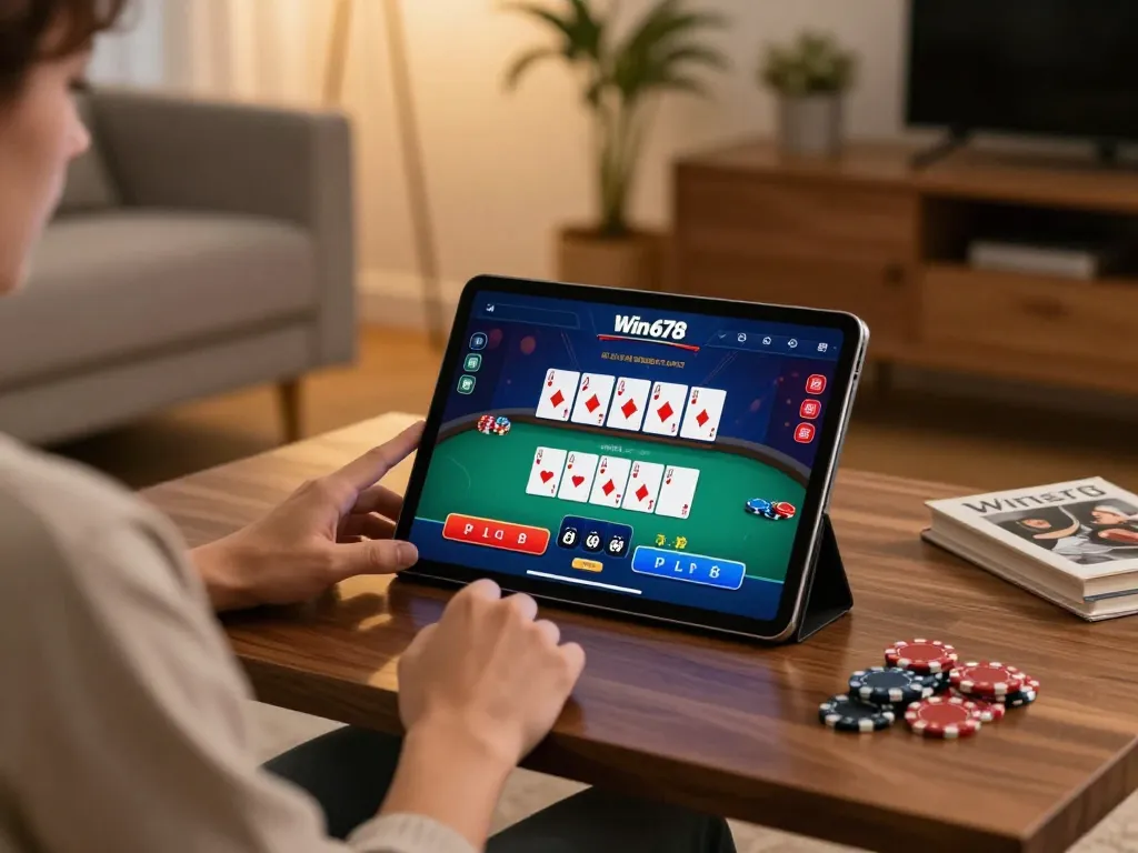 Player enjoying online gaming with Win678 app on tablet, in a cozy home environment