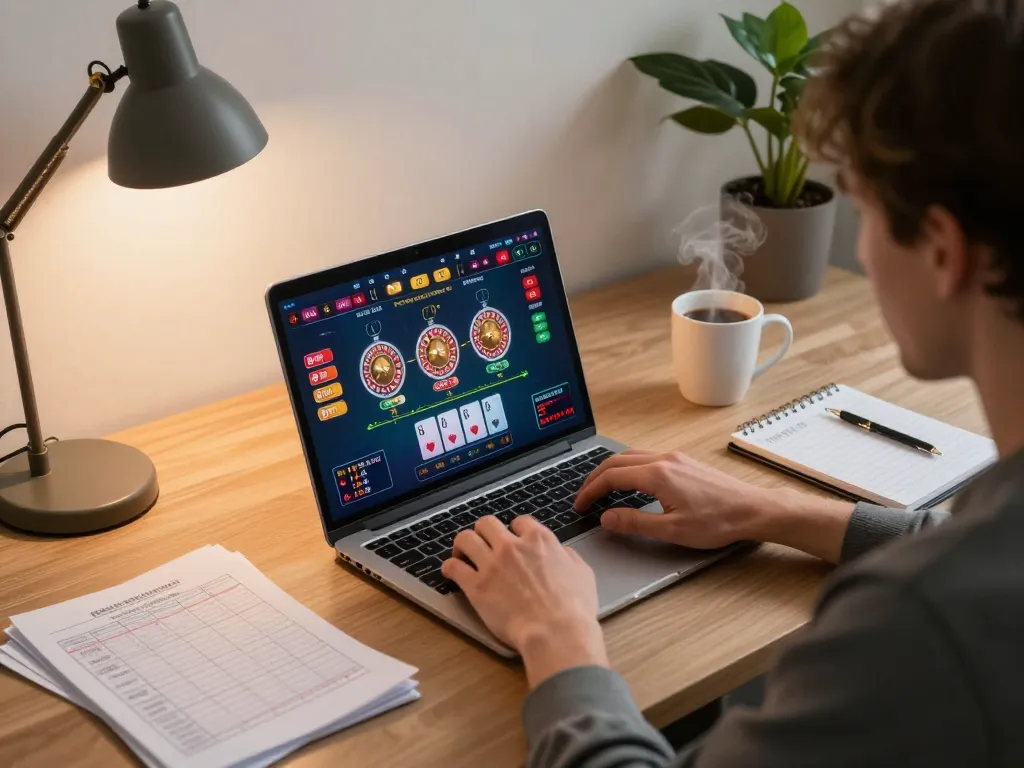 Engaging in a live dealer game online with Link đăng ký Say88 visible on the screen in a stylish home office setup