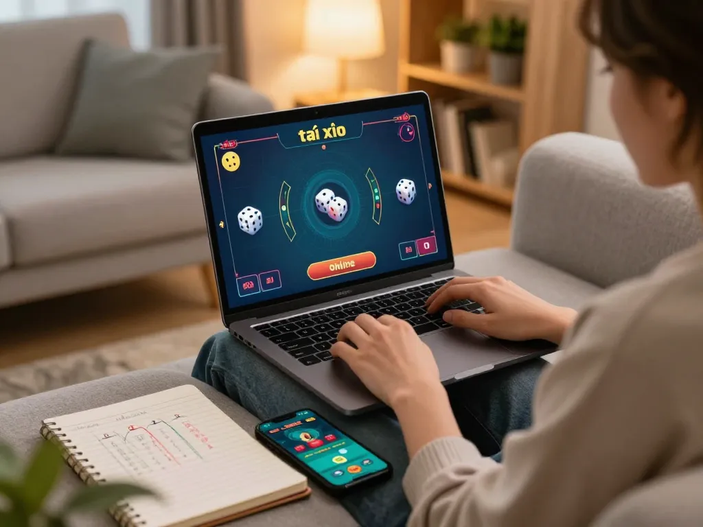 Engaging in tài xỉu online gaming on a laptop, showcasing strategic notes and a cozy atmosphere.