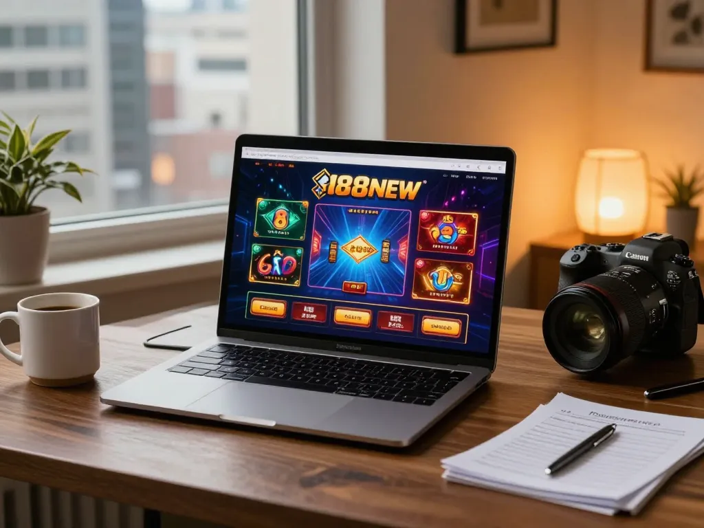 Playing games on 888NEW online casino interface with stylish ambiance and modern workspace.