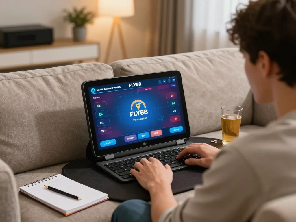 Engaging in online poker at home with FLY88, showcasing a cozy setup and strategic gaming.