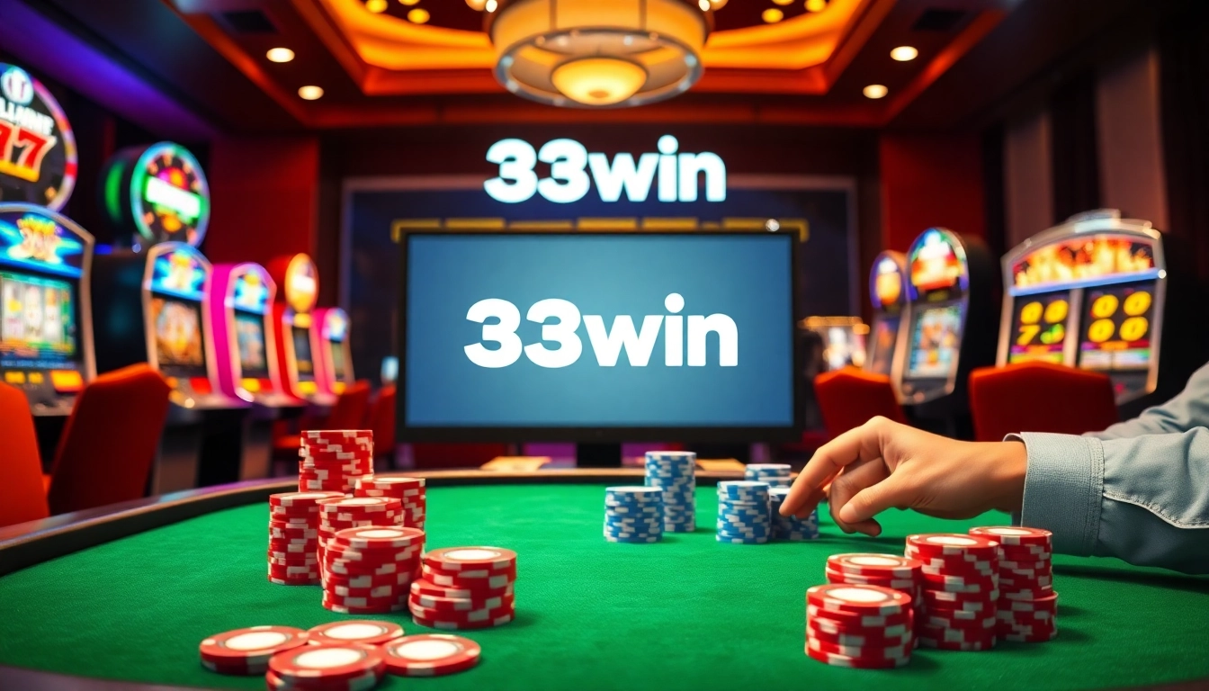 Experience the excitement of 33win with vibrant casino games, poker chips, and thrilling slot machines.