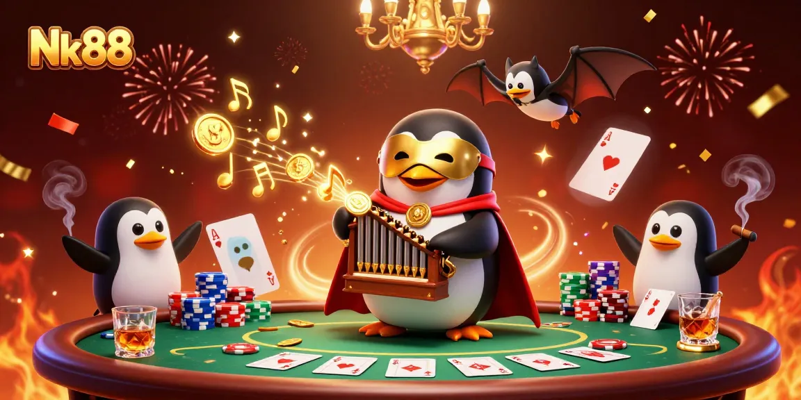 Players enjoy the thrill of Nk88 as the cartoon penguin entertains with golden coins and poker elements.