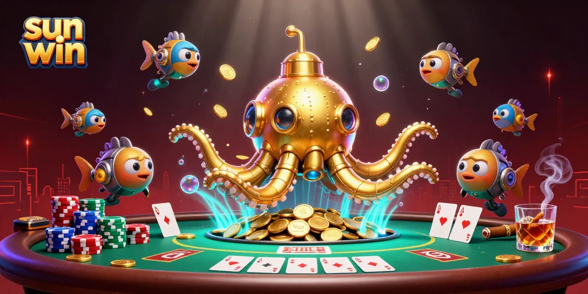 Engage with the thrilling sun win experience, featuring a golden kraken submarine surrounded by poker elements.