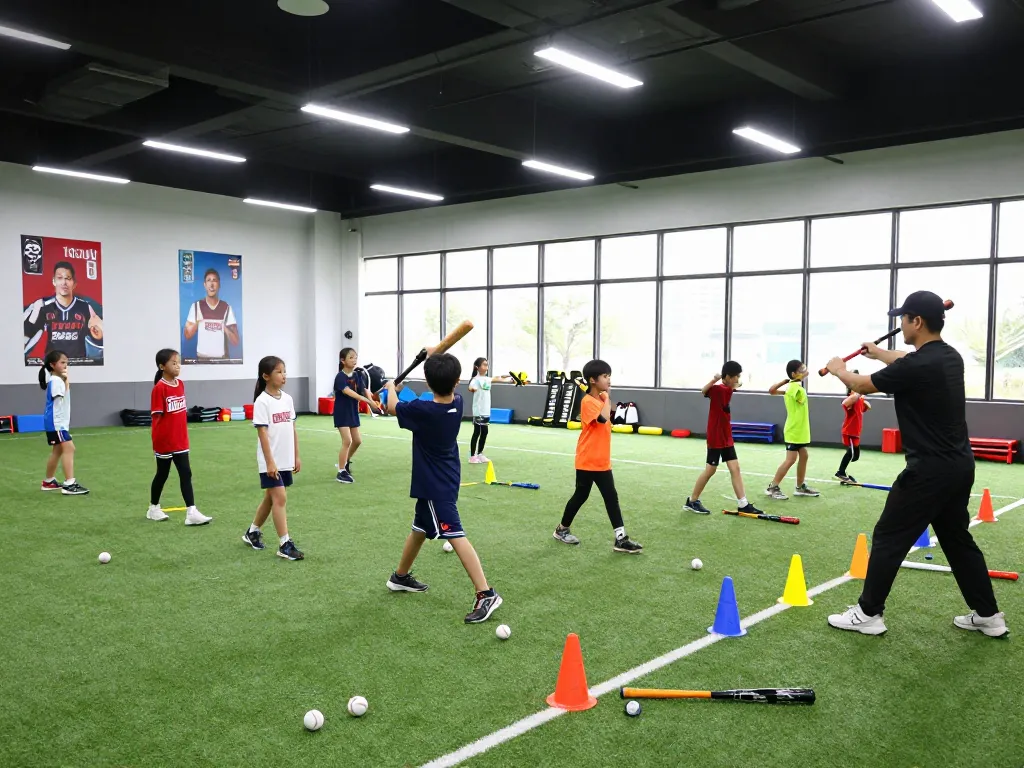 Hitclub training session with young athletes practicing baseball techniques in an energetic sports facility.