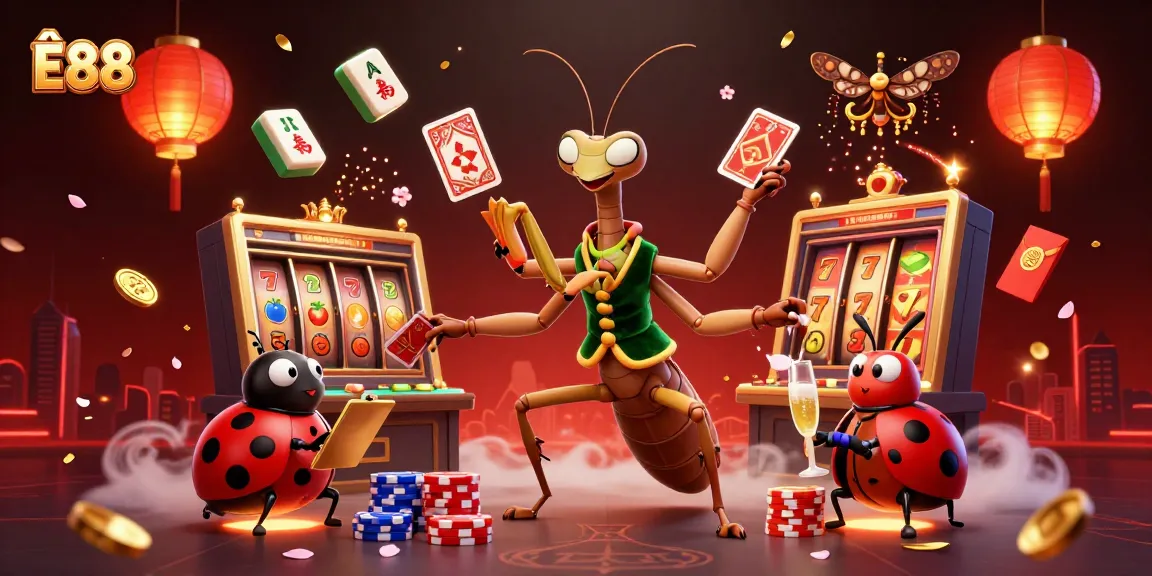 Experience the thrilling world of Ê88 casino with card shuffling mantis and vibrant slot reels.