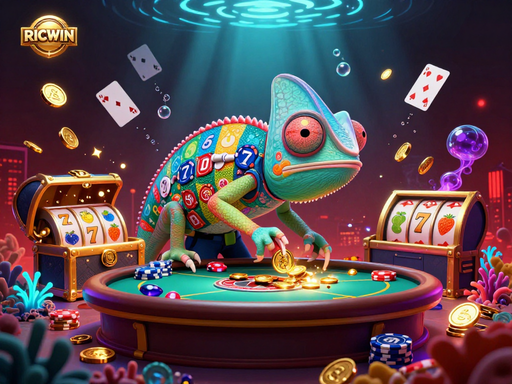 Experience the thrilling action at RICWIN casino with vibrant 3D illustrations showcasing slot gameplay and eye-catching gaming elements.