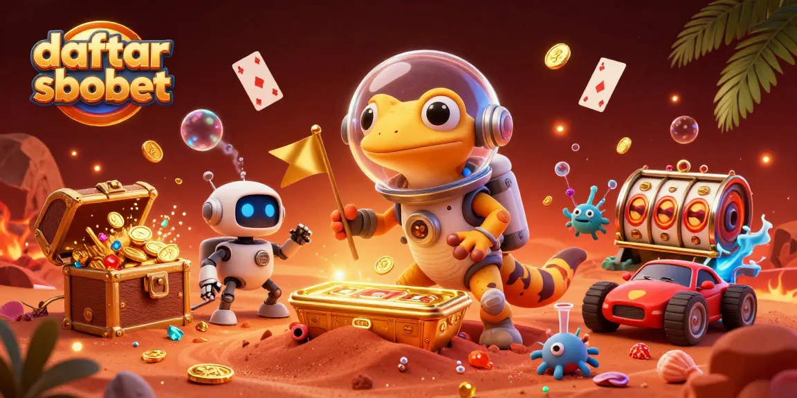 Engage in daftar sbobet with a colorful 3D scene of a Martian gecko exploring a golden casino.