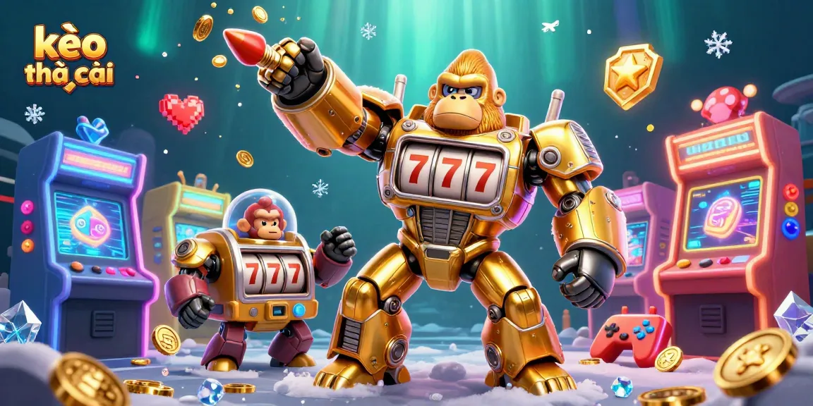 Experience the dynamic world of kèo nhà cái with a golden mech and colorful arcade themes.