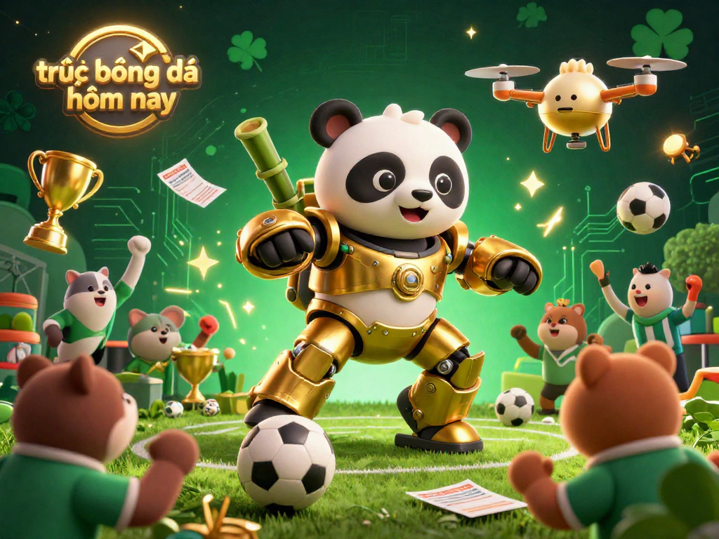 Experience trực tiếp bóng đá hôm nay in an exhilarating sports betting scene featuring a golden panda in a mech-suit, cheering spectators, and vibrant atmosphere.