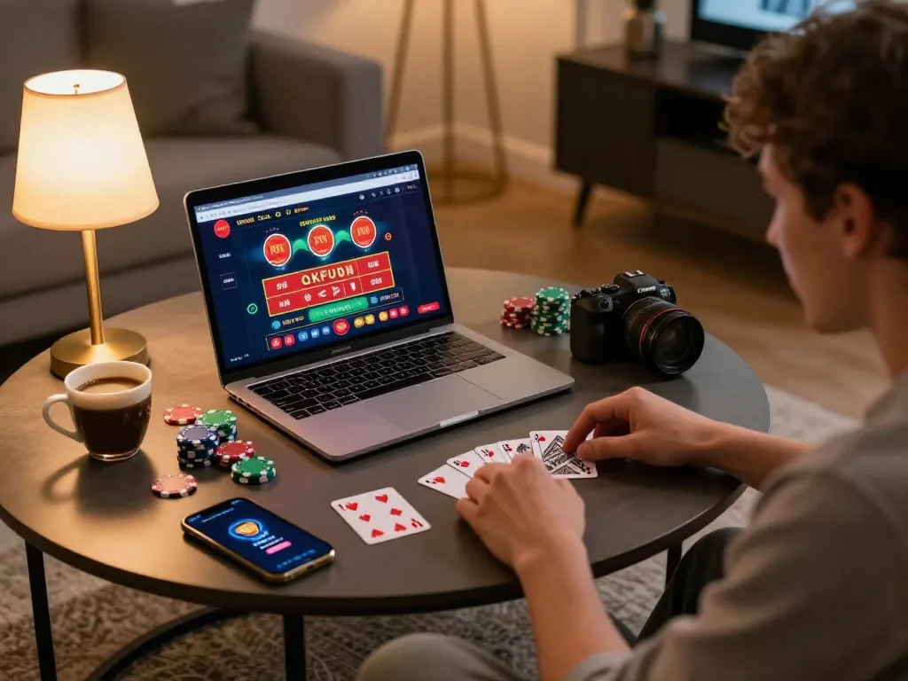 Engaging with the OKFUN online casino interface in a cozy home setup.