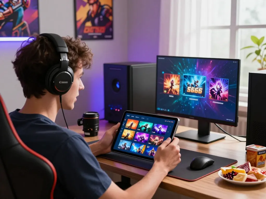S666 online gaming app experience with vibrant icons and excited user interacting in a cozy, modern gaming setup.