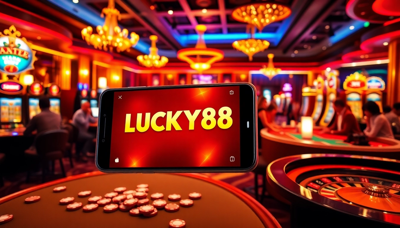 Experience the excitement of the LUCKY88 APP in an immersive casino setting with vibrant colors.